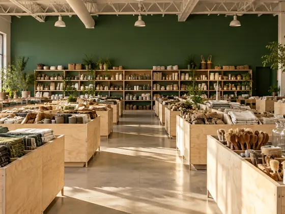 Wooden merchandise bins in a bright store with plants and natural light