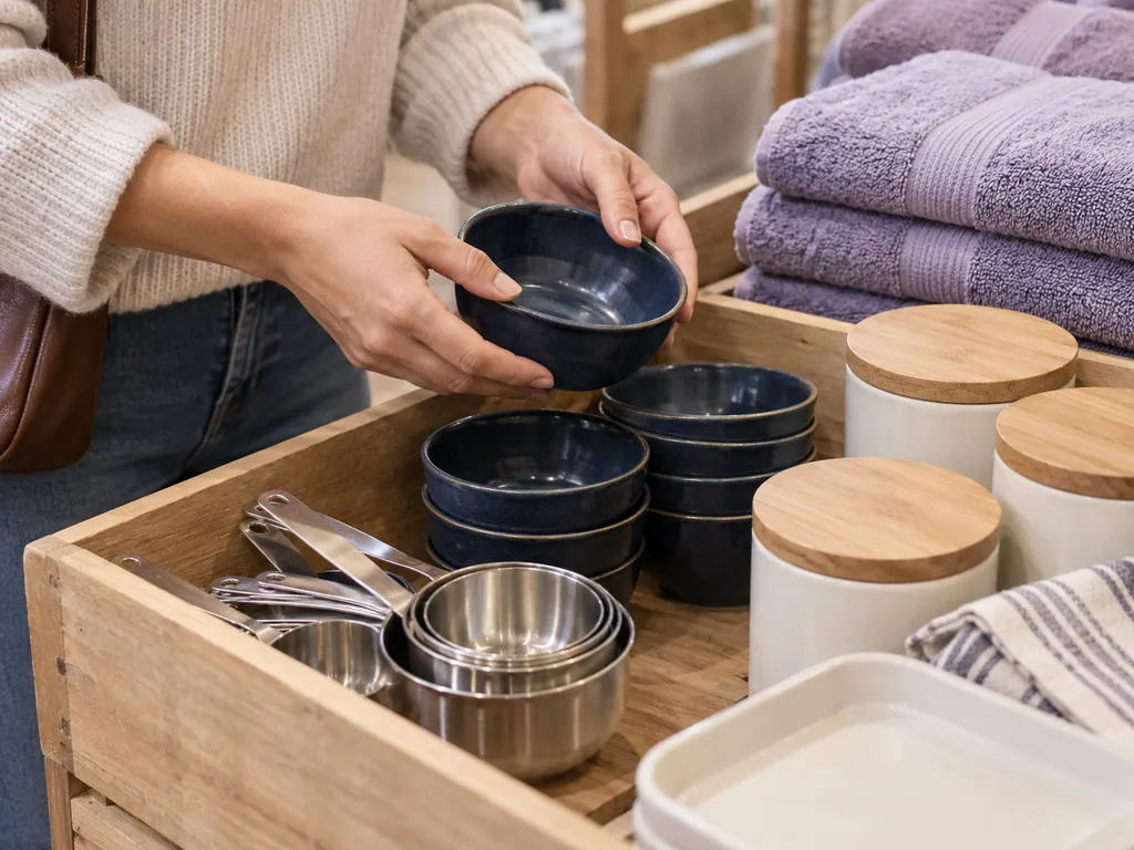 Illustrative hands browsing useful household goods in a bin