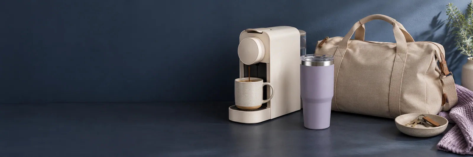 Coffee maker, tumbler and canvas weekender bag