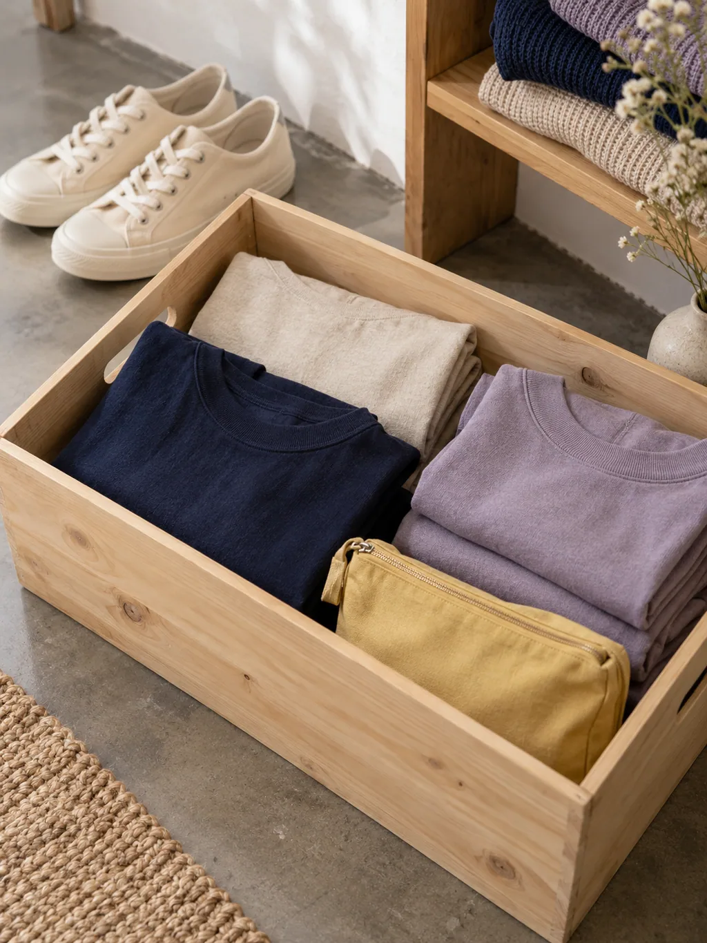Illustrative clothing and accessories in a merchandise bin