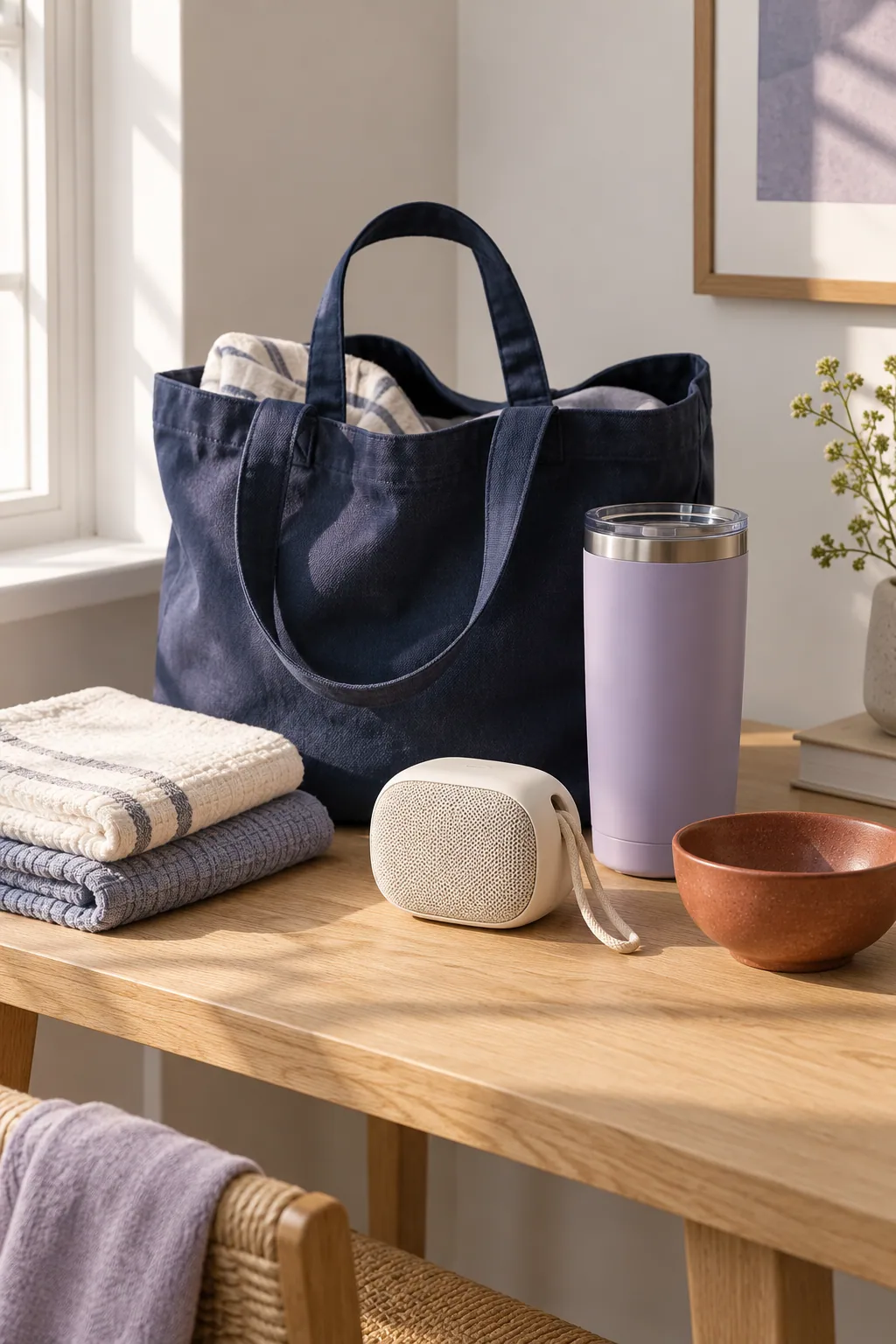 A navy tote with a lilac tumbler, portable speaker and folded towels